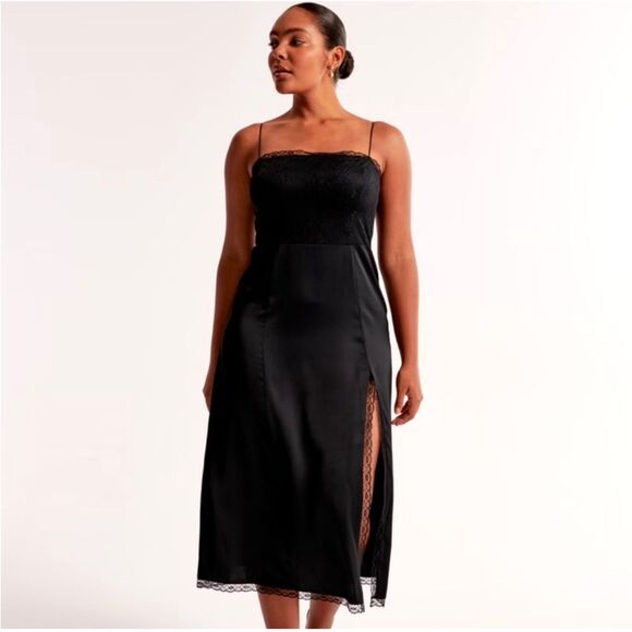 Abercrombie & Fitch Dresses & Skirts - Abercrombie and Fitch Black Satin High Slit Midi Dress Sz XS Petite